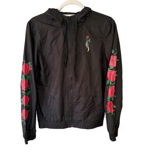 Empyre Black Bomber Jacket with Red Floral Design Size S Streetwear Skater